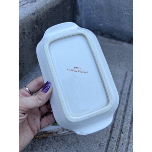 Vtg Nasco Butter Dish 1940s MCM Mountain Woodland Design Glossy Large 7" - Picture 5 of 5